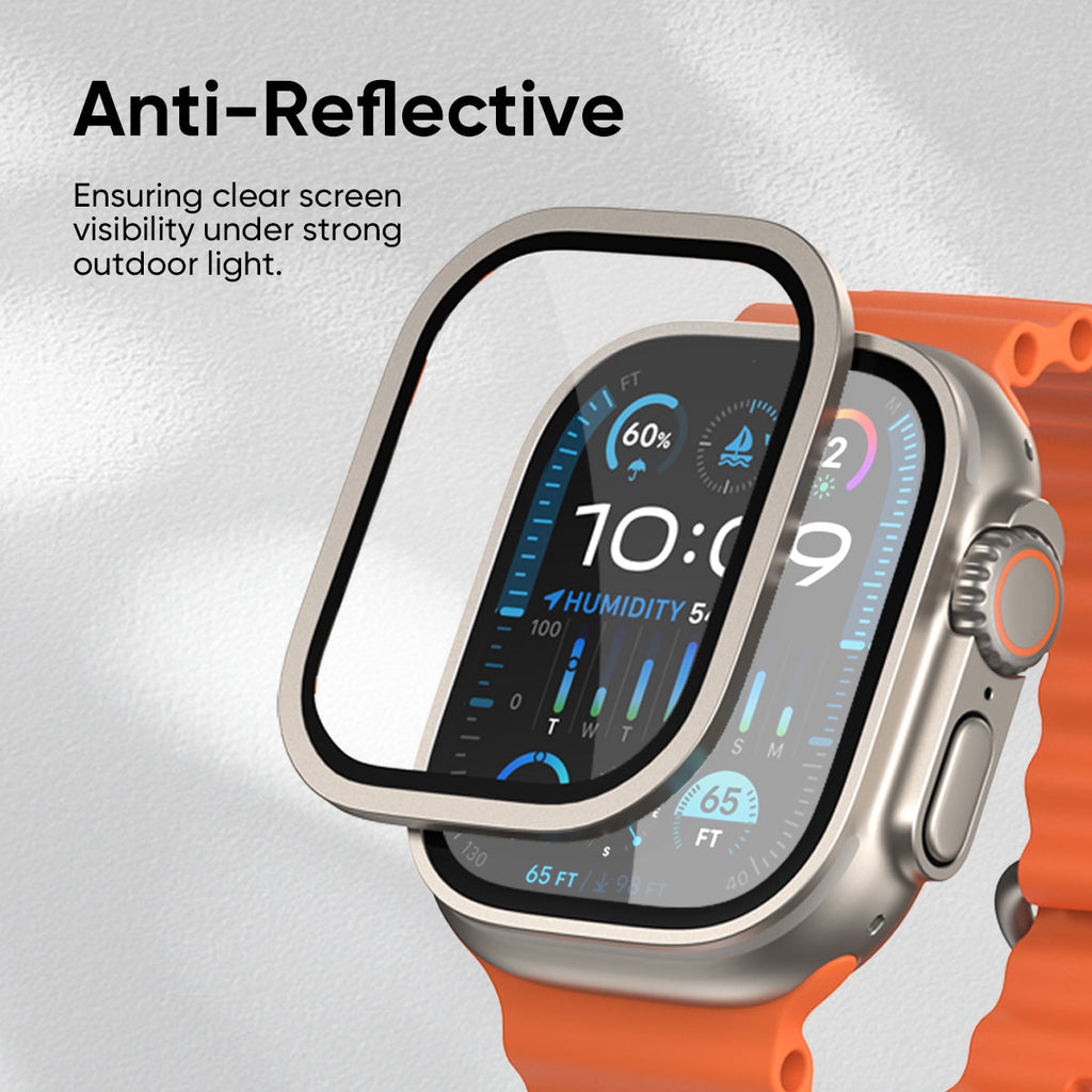 NanoArmour for Apple Watch Ultra 3 / Ultra 2 / Ultra 1 with ClearVue Anti-Reflective Tempered Glass Screen Protector: Aluminum Frame