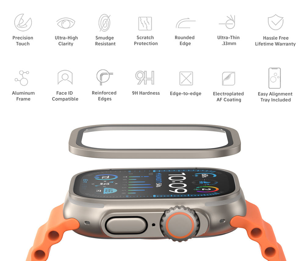 NanoArmour for Apple Watch Ultra 3 / Ultra 2 / Ultra 1 with ClearVue Anti-Reflective Tempered Glass Screen Protector: Aluminum Frame